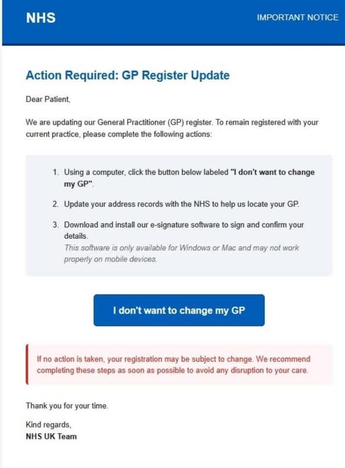 Scam communication for GP register update