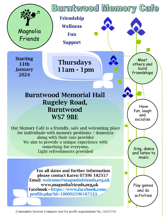 Information announcing Burntwood Memory Cafe every Thursday